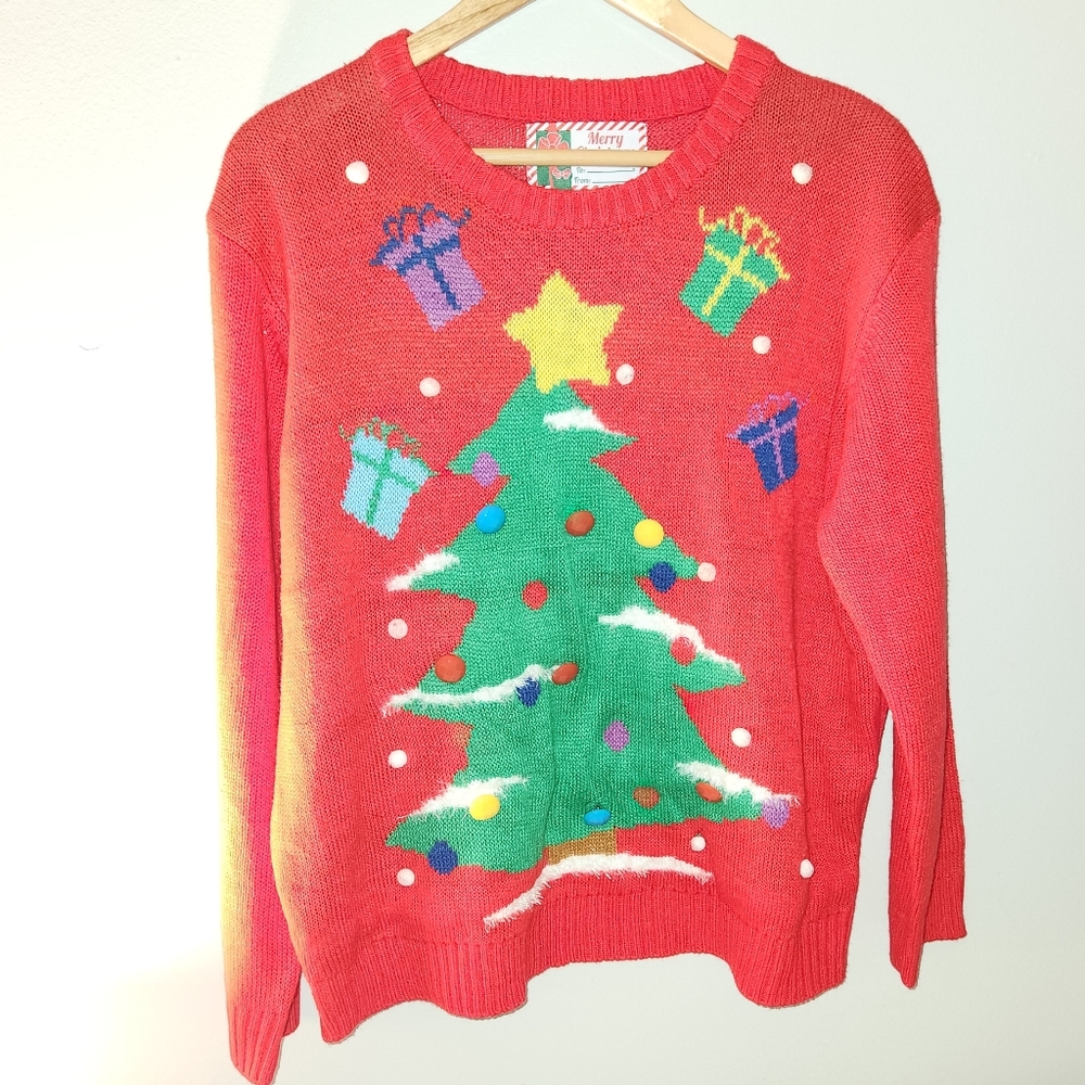 Vintage Christmas Sweater Tree Red Large L Womens Festive Ugly Party
